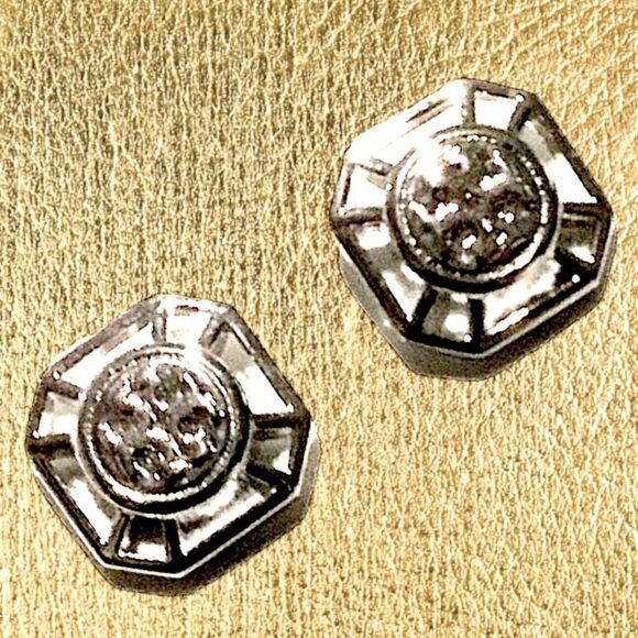 TORY BURCH DOUBLE T LOGO STUD SILVER EARRINGS - Picture 1 of 3